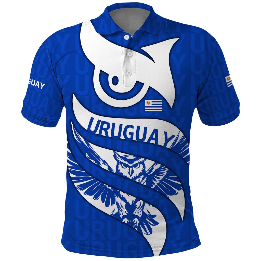 Uruguay Polo Shirt with Owl Illustration Blue White Abstract Motion Design - Wonder Print Shop