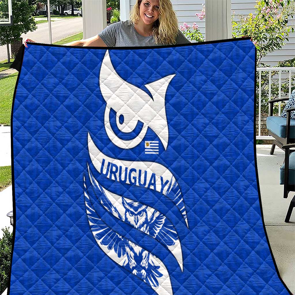 Uruguay Quilt with Owl Illustration Blue White Abstract Motion Design - Wonder Print Shop