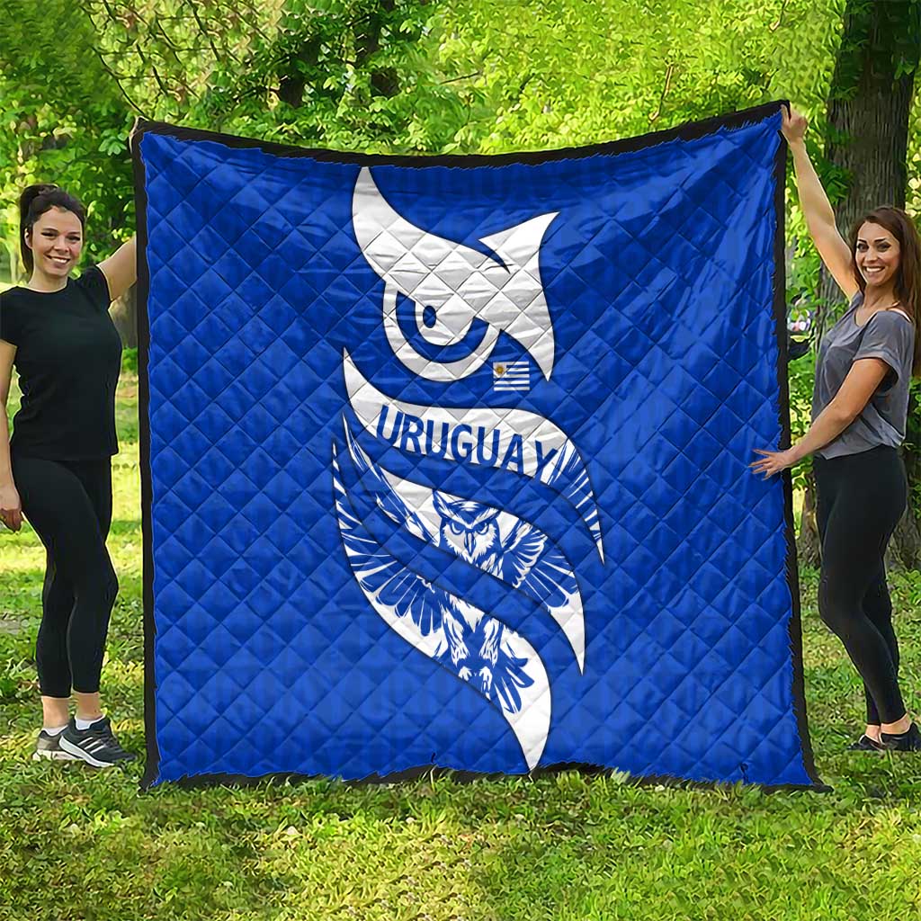 Uruguay Quilt with Owl Illustration Blue White Abstract Motion Design - Wonder Print Shop