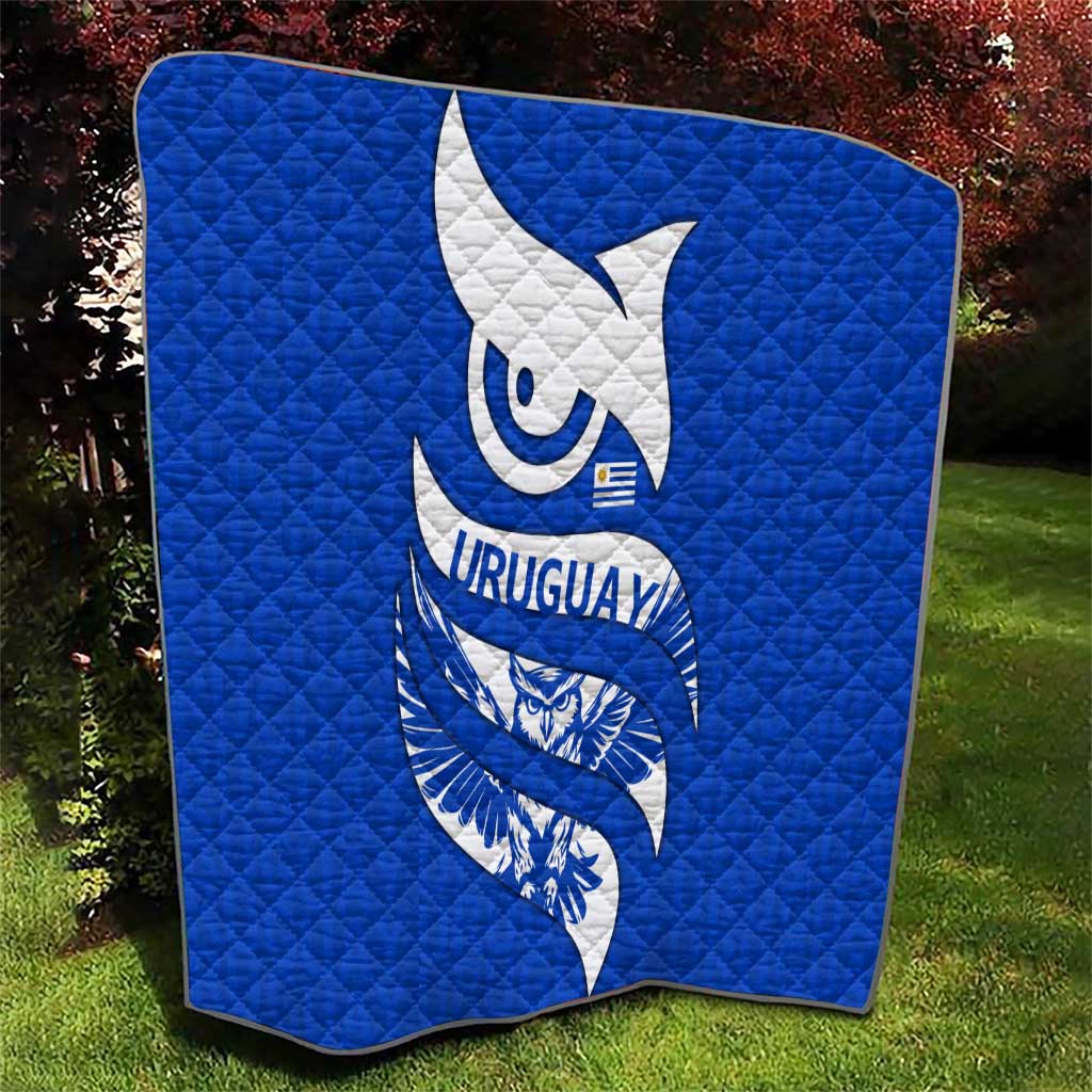 Uruguay Quilt with Owl Illustration Blue White Abstract Motion Design - Wonder Print Shop