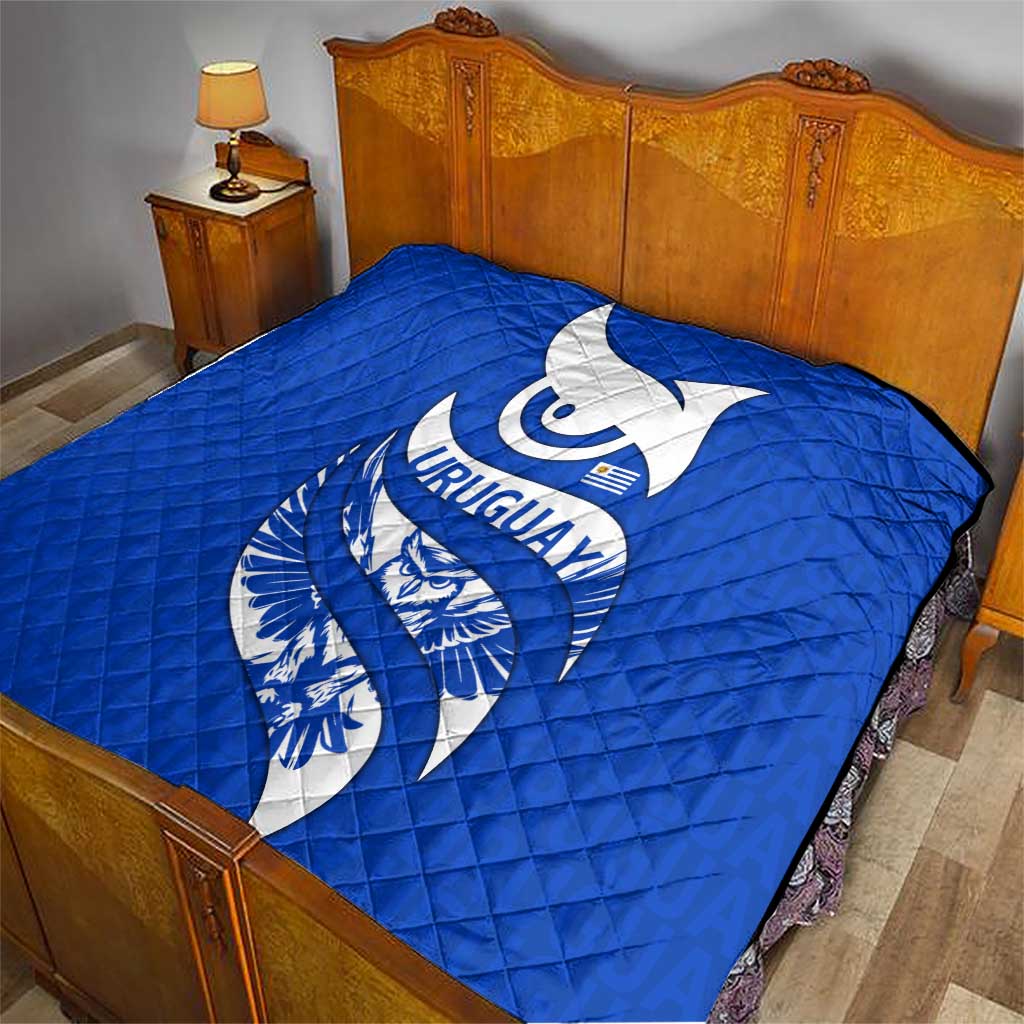 Uruguay Quilt with Owl Illustration Blue White Abstract Motion Design - Wonder Print Shop