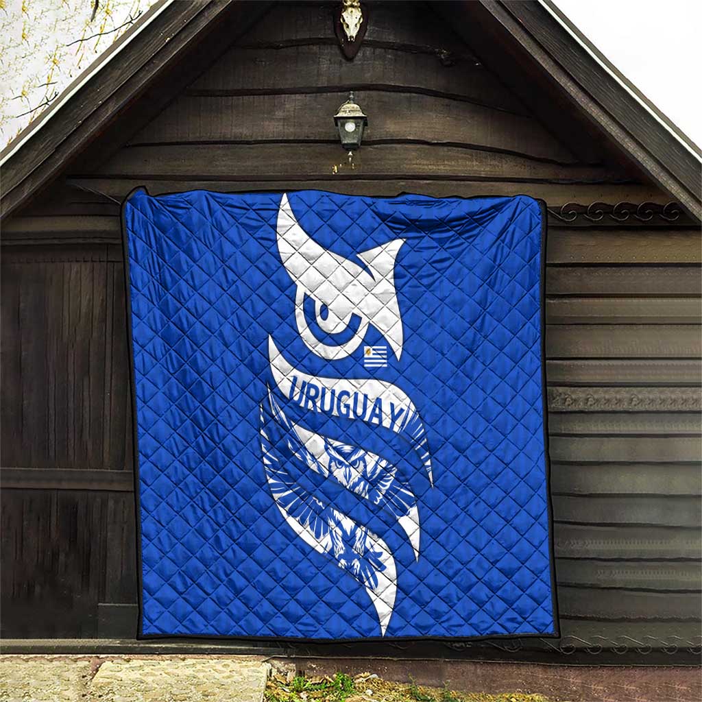 Uruguay Quilt with Owl Illustration Blue White Abstract Motion Design - Wonder Print Shop