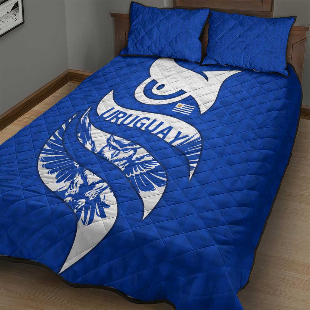 Uruguay Quilt Bed Set with Owl Illustration Blue White Abstract Motion Design - Wonder Print Shop
