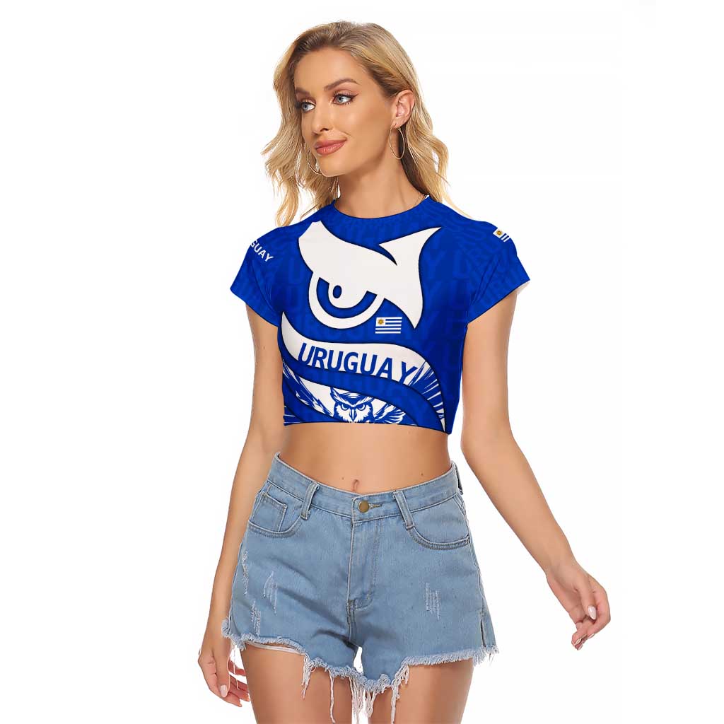 Uruguay Raglan Cropped T Shirt with Owl Illustration Blue White Abstract Motion Design - Wonder Print Shop