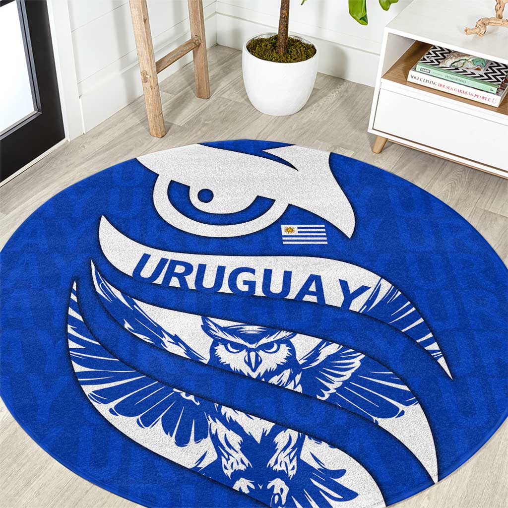 Uruguay Round Carpet with Owl Illustration Blue White Abstract Motion Design - Wonder Print Shop