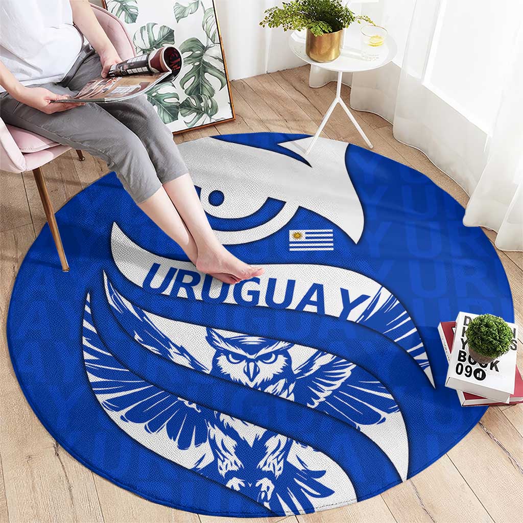 Uruguay Round Carpet with Owl Illustration Blue White Abstract Motion Design - Wonder Print Shop