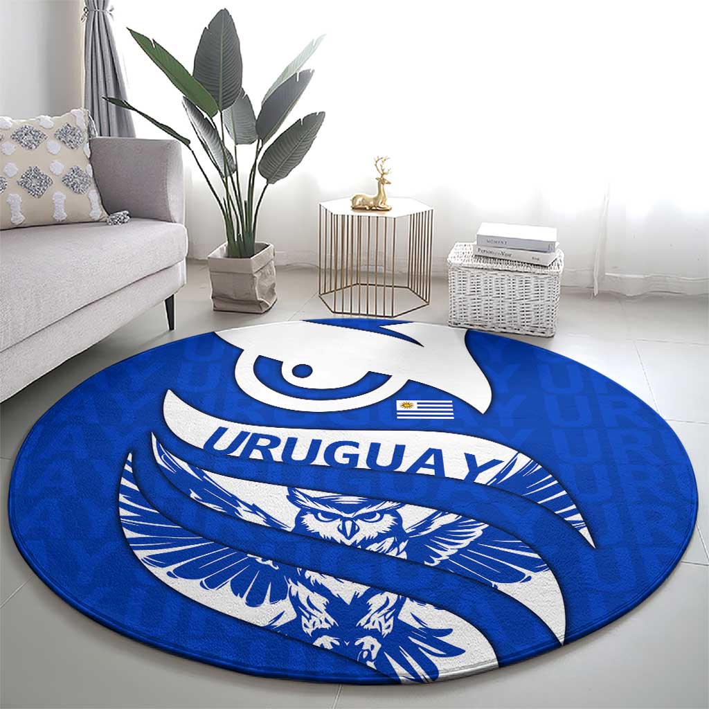 Uruguay Round Carpet with Owl Illustration Blue White Abstract Motion Design - Wonder Print Shop