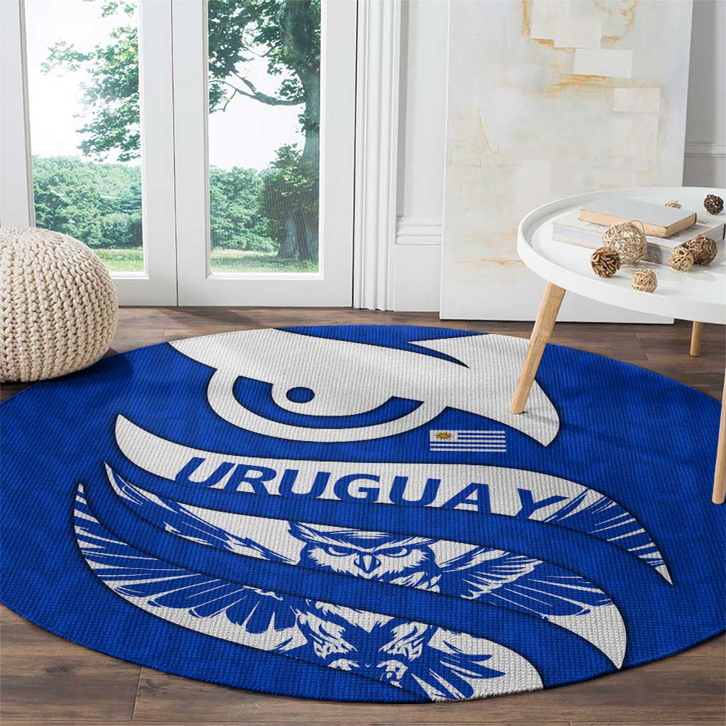 Uruguay Round Carpet with Owl Illustration Blue White Abstract Motion Design - Wonder Print Shop