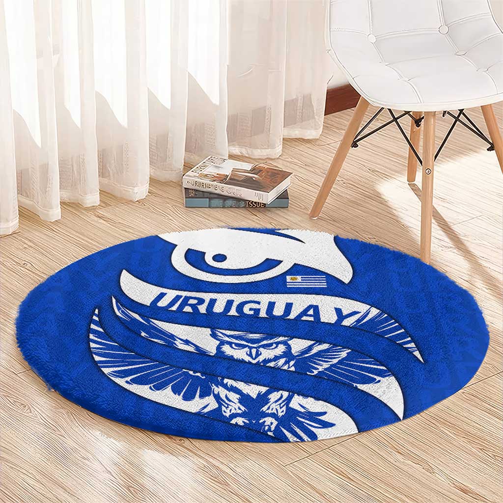Uruguay Round Carpet with Owl Illustration Blue White Abstract Motion Design - Wonder Print Shop