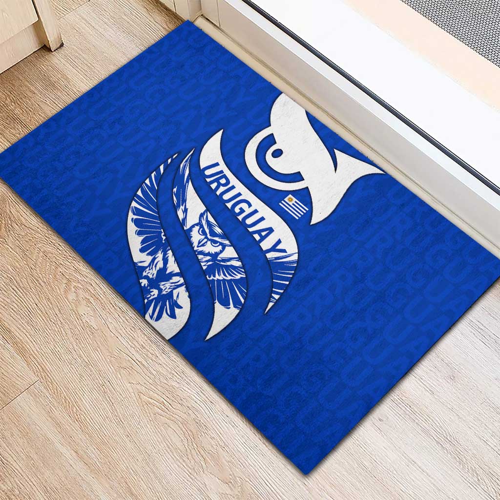 Uruguay Rubber Doormat with Owl Illustration Blue White Abstract Motion Design - Wonder Print Shop