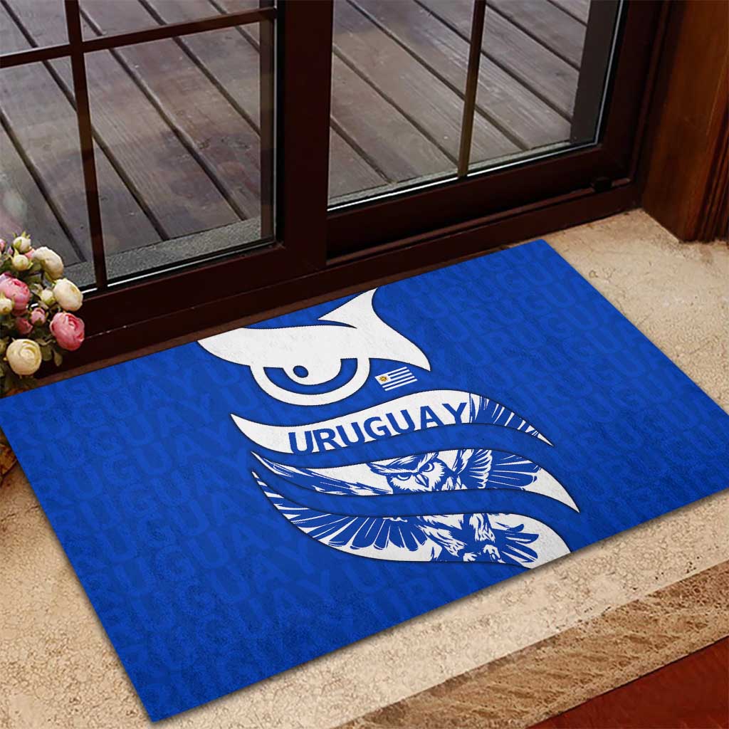 Uruguay Rubber Doormat with Owl Illustration Blue White Abstract Motion Design - Wonder Print Shop