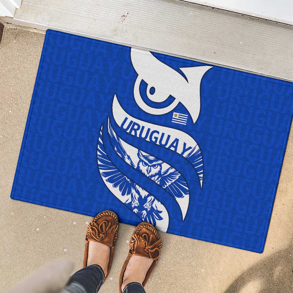 Uruguay Rubber Doormat with Owl Illustration Blue White Abstract Motion Design - Wonder Print Shop