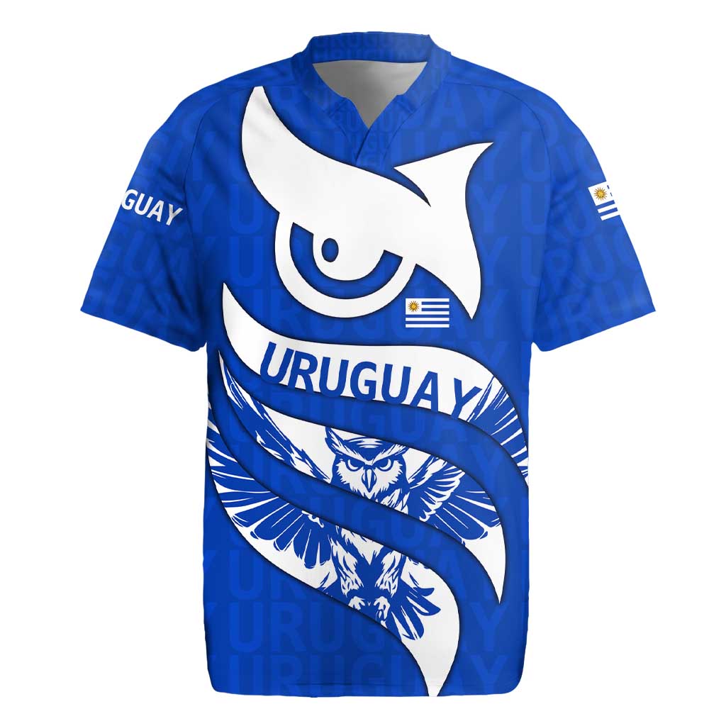 Uruguay Rugby Jersey with Owl Illustration Blue White Abstract Motion Design - Wonder Print Shop