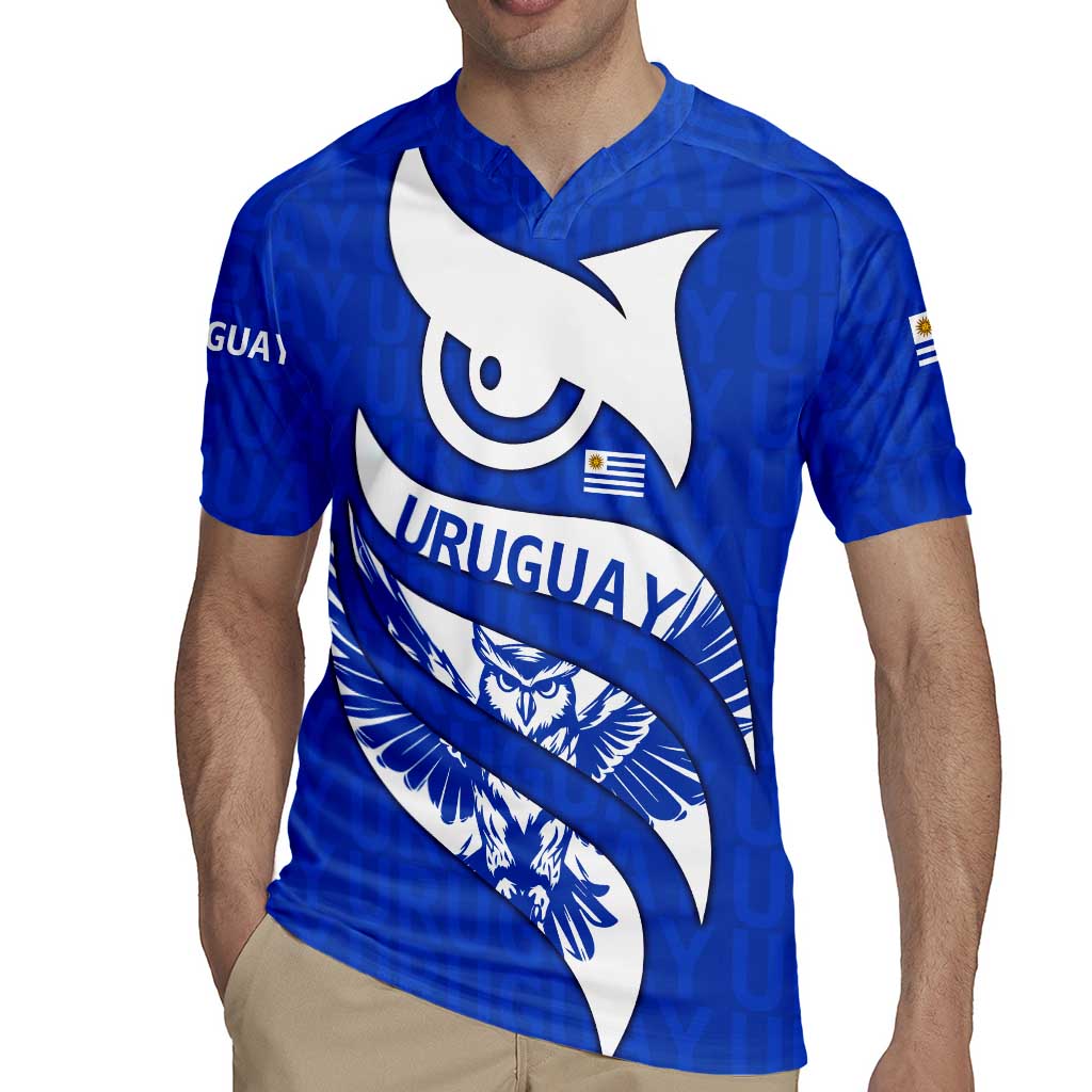 Uruguay Rugby Jersey with Owl Illustration Blue White Abstract Motion Design - Wonder Print Shop