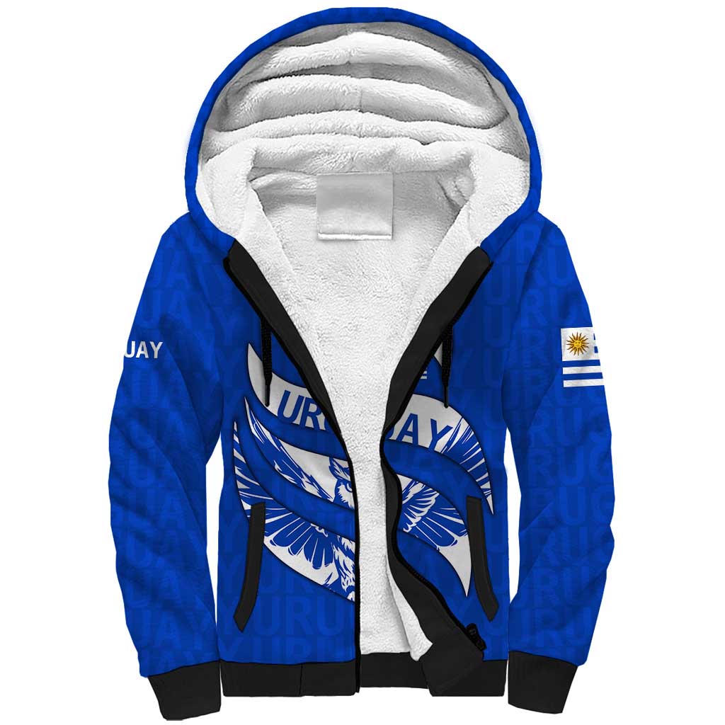 Uruguay Sherpa Hoodie with Owl Illustration Blue White Abstract Motion Design - Wonder Print Shop
