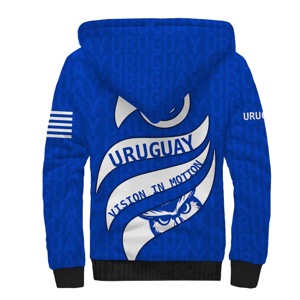 Uruguay Sherpa Hoodie with Owl Illustration Blue White Abstract Motion Design - Wonder Print Shop