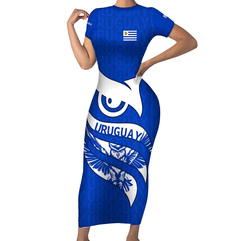 Uruguay Short Sleeve Bodycon Dress with Owl Illustration Blue White Abstract Motion Design - Wonder Print Shop