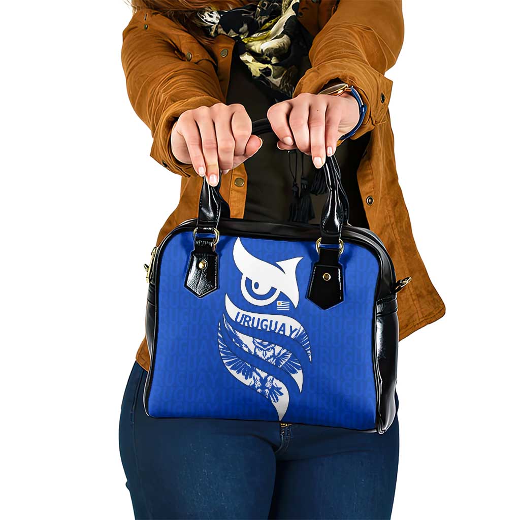 Uruguay Shoulder Handbag with Owl Illustration Blue White Abstract Motion Design - Wonder Print Shop