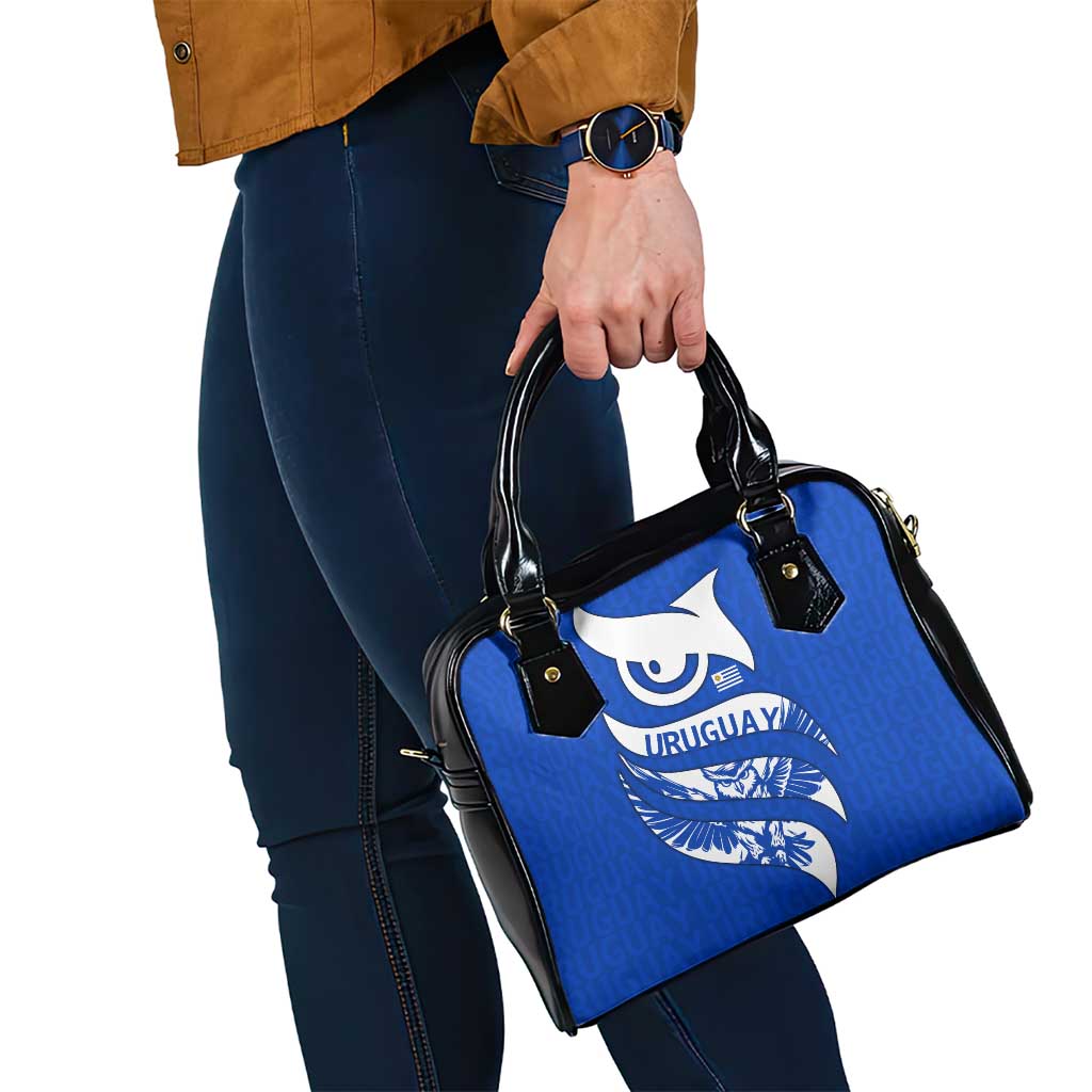 Uruguay Shoulder Handbag with Owl Illustration Blue White Abstract Motion Design - Wonder Print Shop