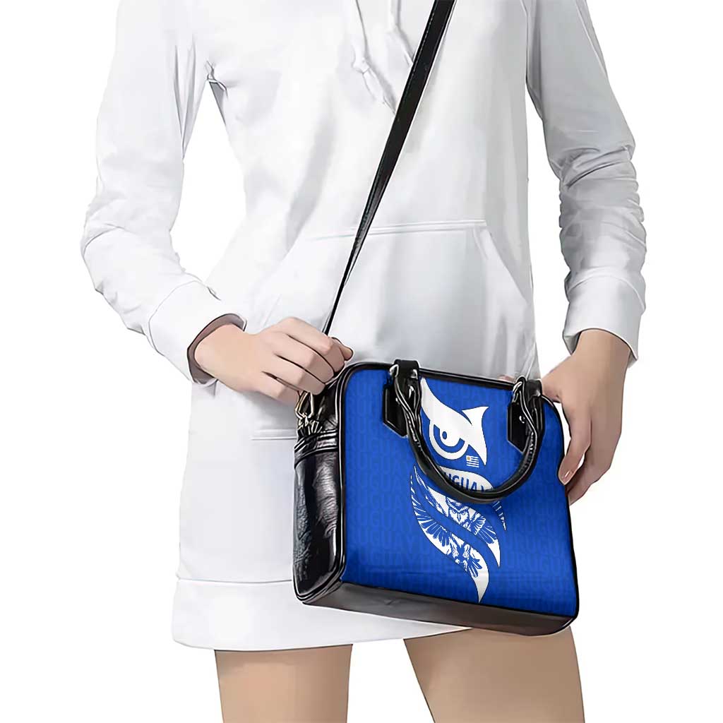 Uruguay Shoulder Handbag with Owl Illustration Blue White Abstract Motion Design - Wonder Print Shop