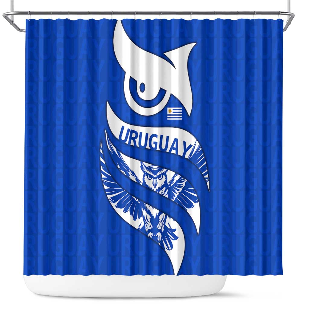 Uruguay Shower Curtain with Owl Illustration Blue White Abstract Motion Design - Wonder Print Shop