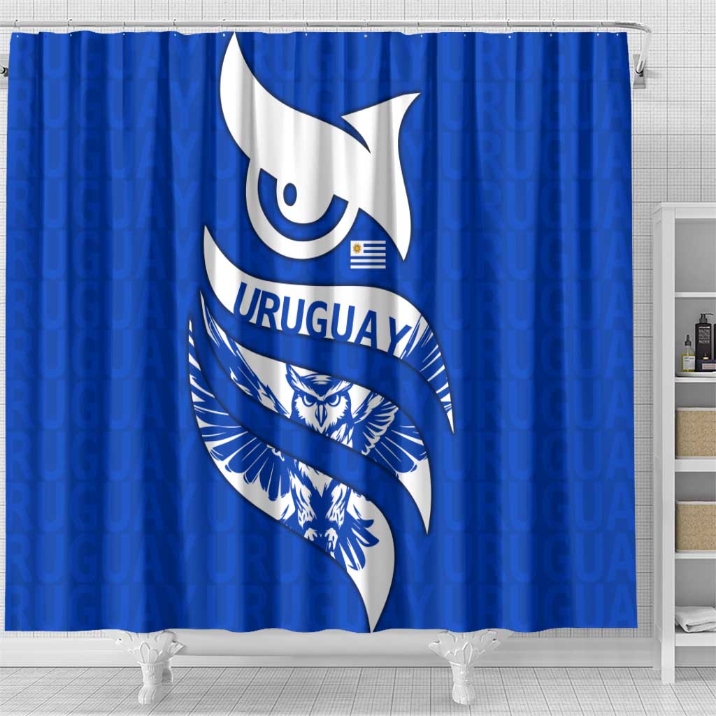 Uruguay Shower Curtain with Owl Illustration Blue White Abstract Motion Design - Wonder Print Shop