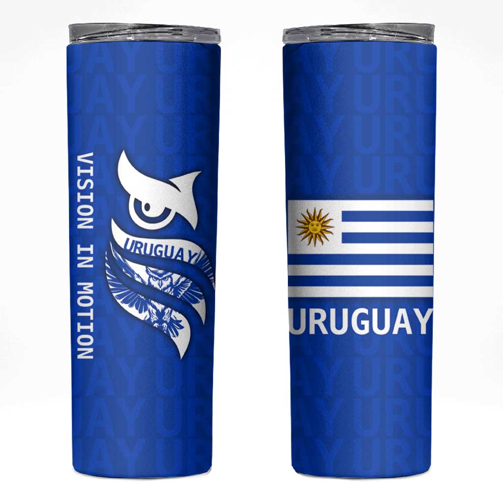 Uruguay Skinny Tumbler with Owl Illustration Blue White Abstract Motion Design - Wonder Print Shop