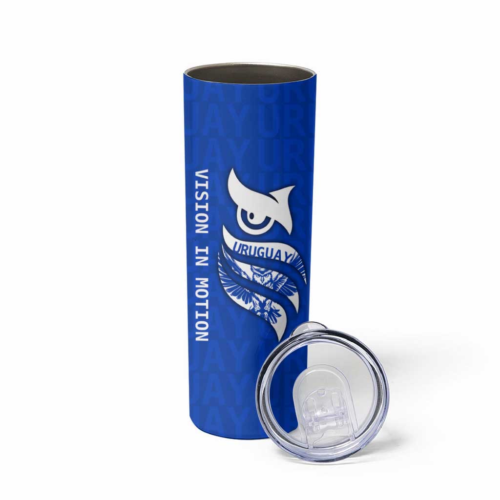 Uruguay Skinny Tumbler with Owl Illustration Blue White Abstract Motion Design - Wonder Print Shop