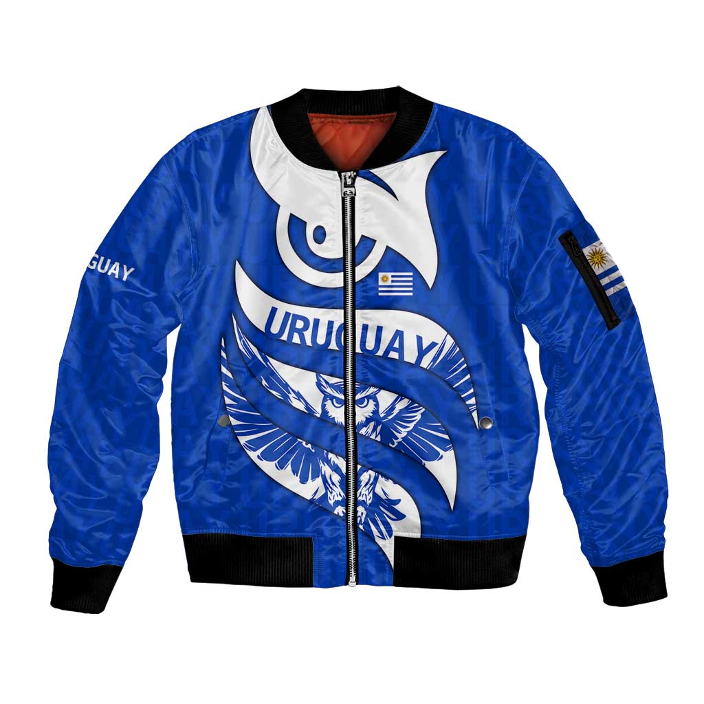 Uruguay Sleeve Zip Bomber Jacket with Owl Illustration Blue White Abstract Motion Design - Wonder Print Shop