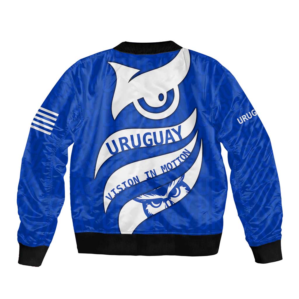 Uruguay Sleeve Zip Bomber Jacket with Owl Illustration Blue White Abstract Motion Design - Wonder Print Shop
