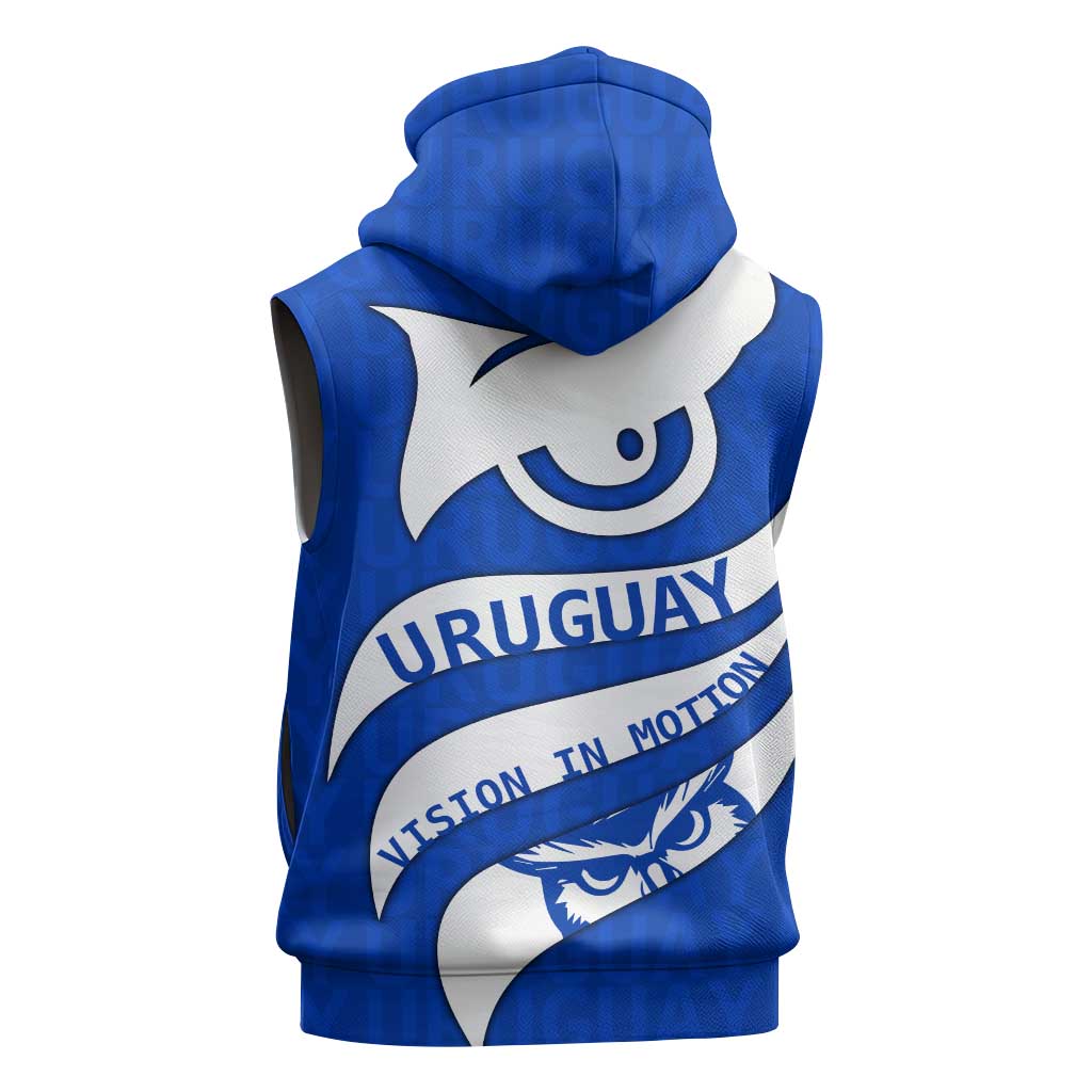 Uruguay Sleeveless Hoodie with Owl Illustration Blue White Abstract Motion Design - Wonder Print Shop