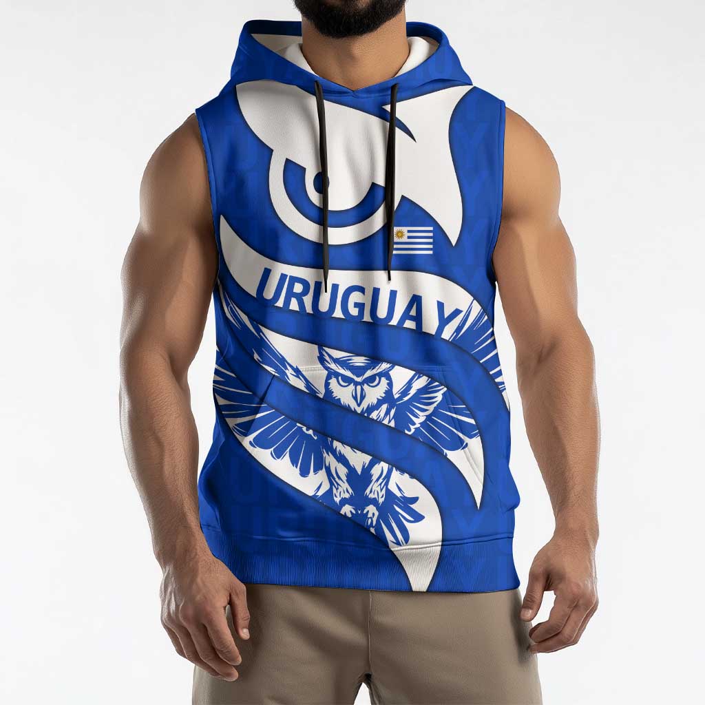 Uruguay Sleeveless Hoodie with Owl Illustration Blue White Abstract Motion Design - Wonder Print Shop