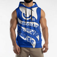 Uruguay Sleeveless Hoodie with Owl Illustration Blue White Abstract Motion Design - Wonder Print Shop