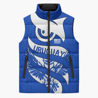 Uruguay Sleeveless Puffer Jacket with Owl Illustration Blue White Abstract Motion Design - Wonder Print Shop