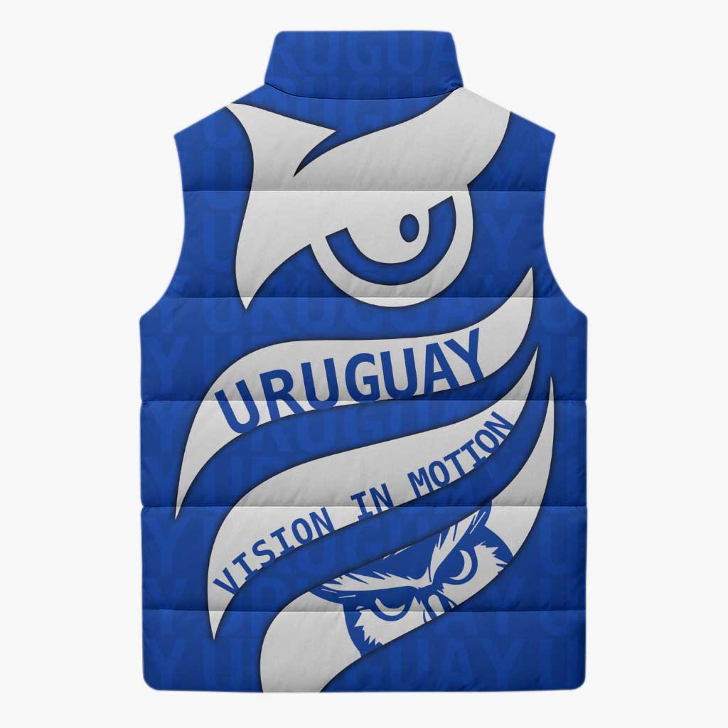 Uruguay Sleeveless Puffer Jacket with Owl Illustration Blue White Abstract Motion Design - Wonder Print Shop