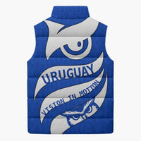 Uruguay Sleeveless Puffer Jacket with Owl Illustration Blue White Abstract Motion Design - Wonder Print Shop