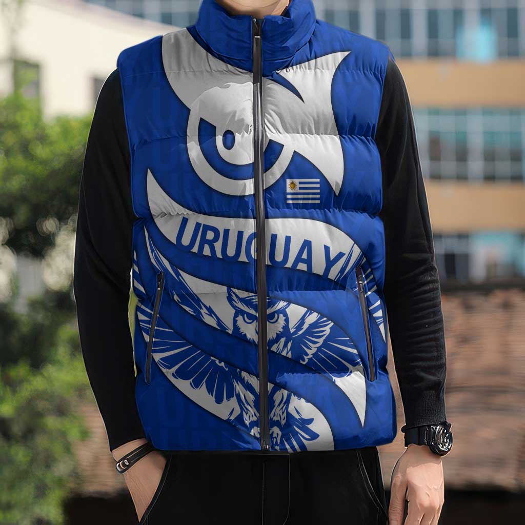 Uruguay Sleeveless Puffer Jacket with Owl Illustration Blue White Abstract Motion Design - Wonder Print Shop