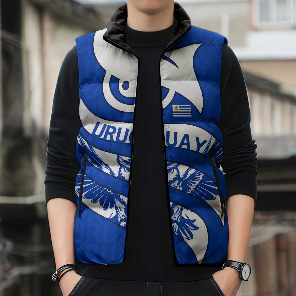 Uruguay Sleeveless Puffer Jacket with Owl Illustration Blue White Abstract Motion Design - Wonder Print Shop