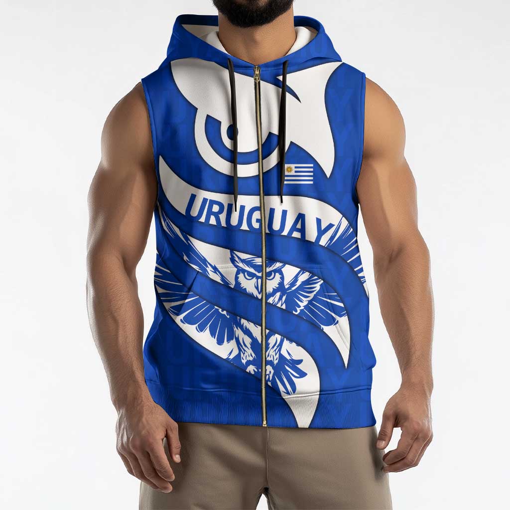 Uruguay Sleeveless Zip Hoodie with Owl Illustration Blue White Abstract Motion Design - Wonder Print Shop