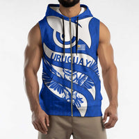 Uruguay Sleeveless Zip Hoodie with Owl Illustration Blue White Abstract Motion Design - Wonder Print Shop