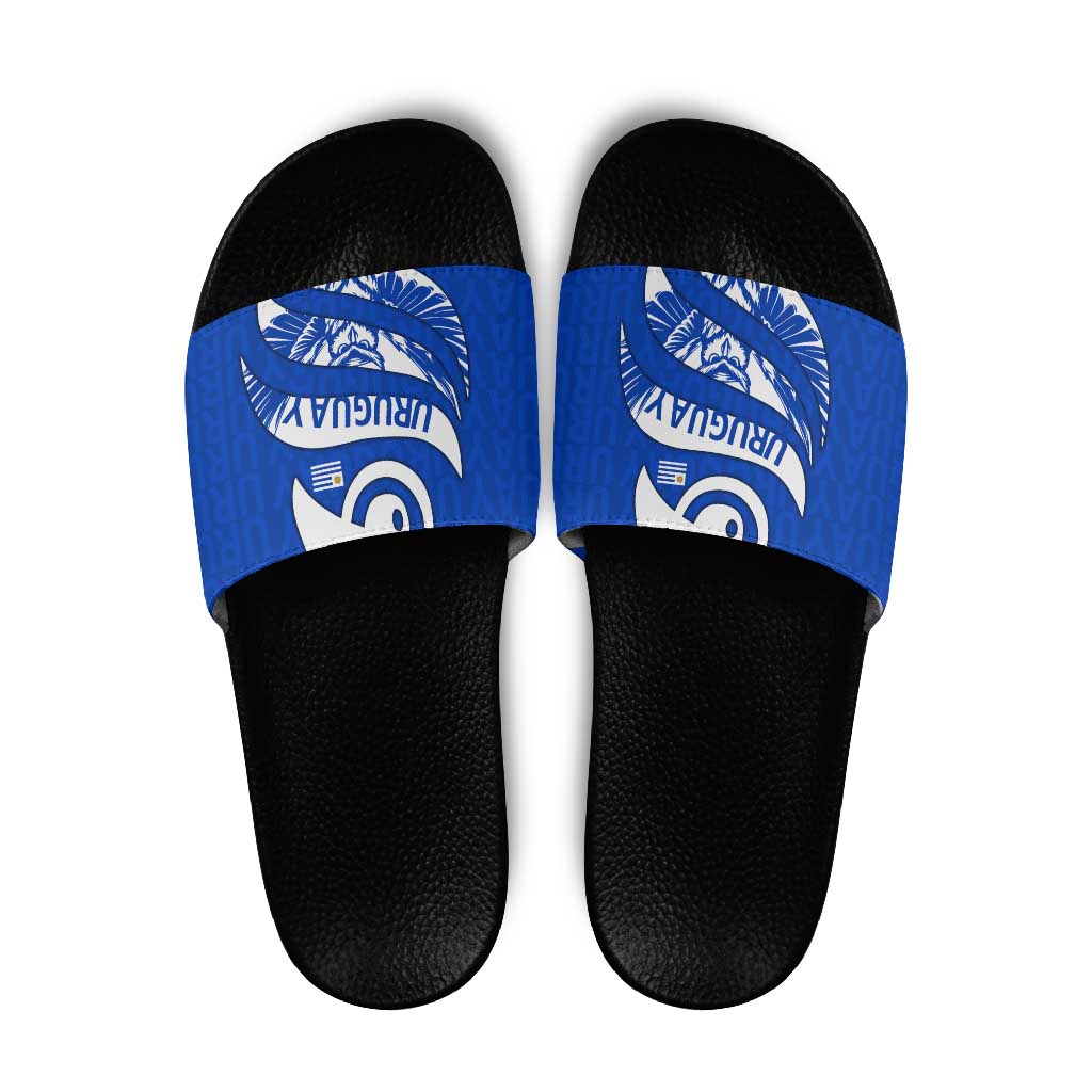 Uruguay Slide Sandals with Owl Illustration Blue White Abstract Motion Design - Wonder Print Shop