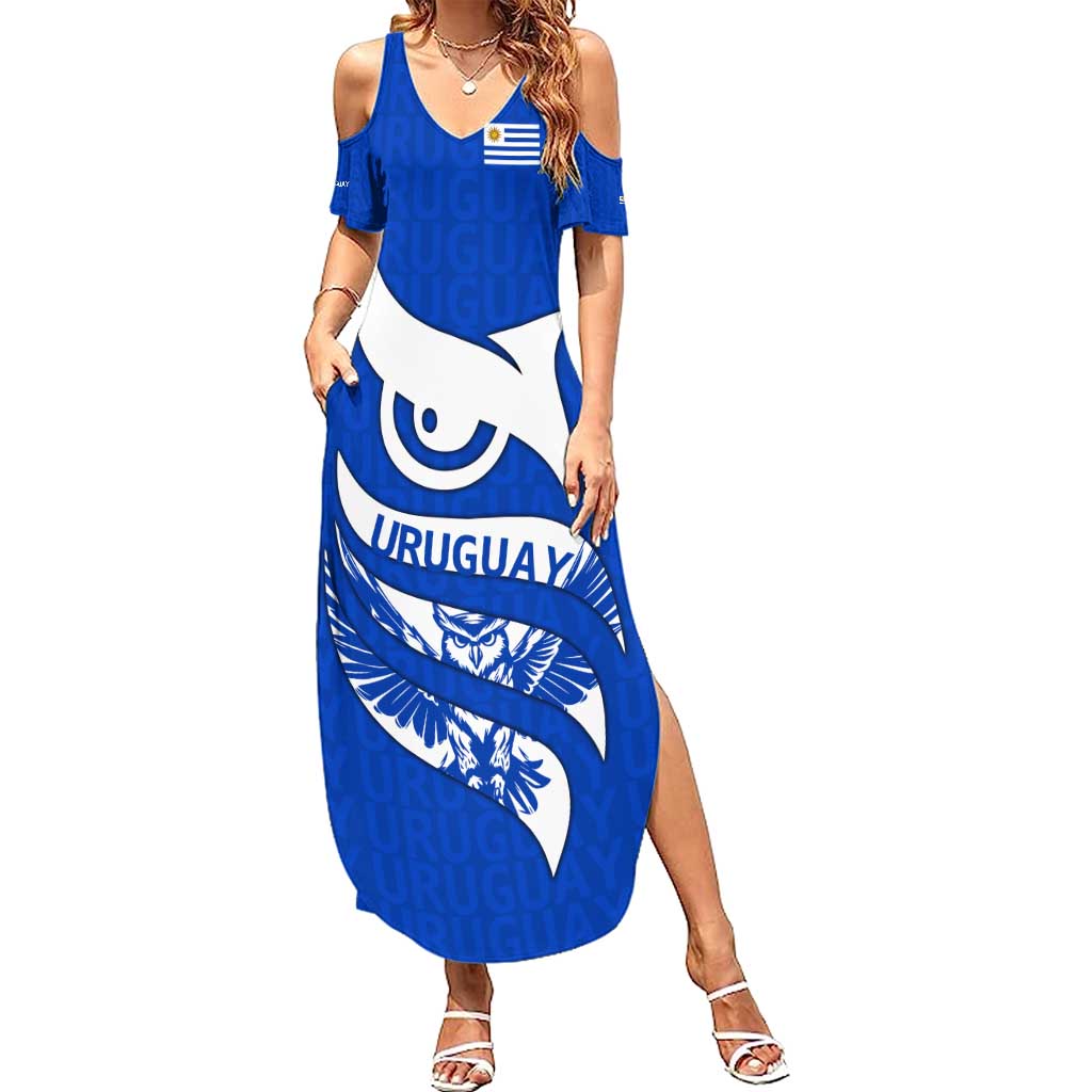 Uruguay Summer Maxi Dress with Owl Illustration Blue White Abstract Motion Design - Wonder Print Shop