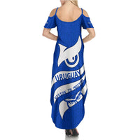 Uruguay Summer Maxi Dress with Owl Illustration Blue White Abstract Motion Design - Wonder Print Shop
