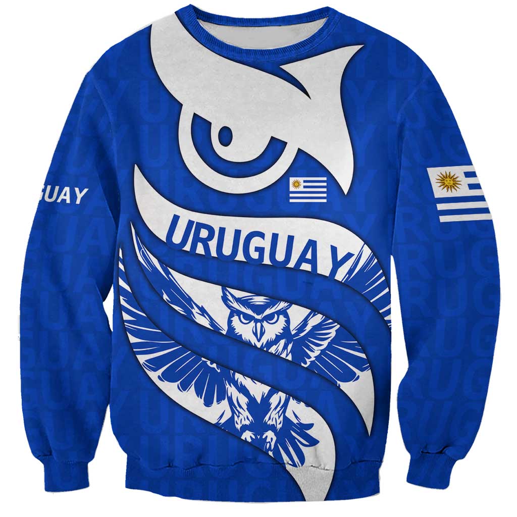 Uruguay Sweatshirt with Owl Illustration Blue White Abstract Motion Design - Wonder Print Shop