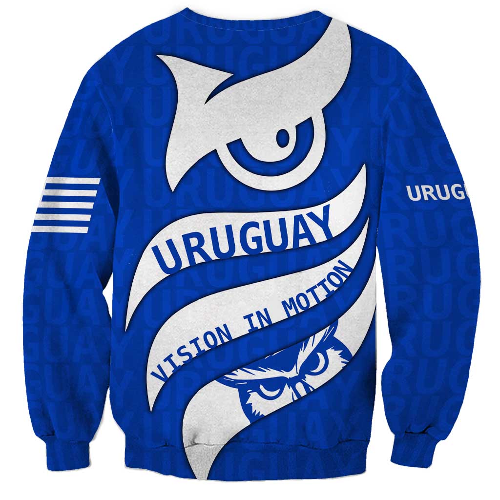Uruguay Sweatshirt with Owl Illustration Blue White Abstract Motion Design - Wonder Print Shop