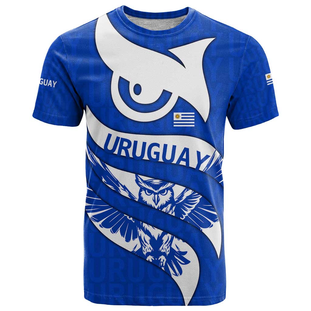 Uruguay T Shirt with Owl Illustration Blue White Abstract Motion Design - Wonder Print Shop