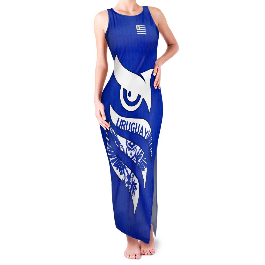 Uruguay Tank Maxi Dress with Owl Illustration Blue White Abstract Motion Design - Wonder Print Shop