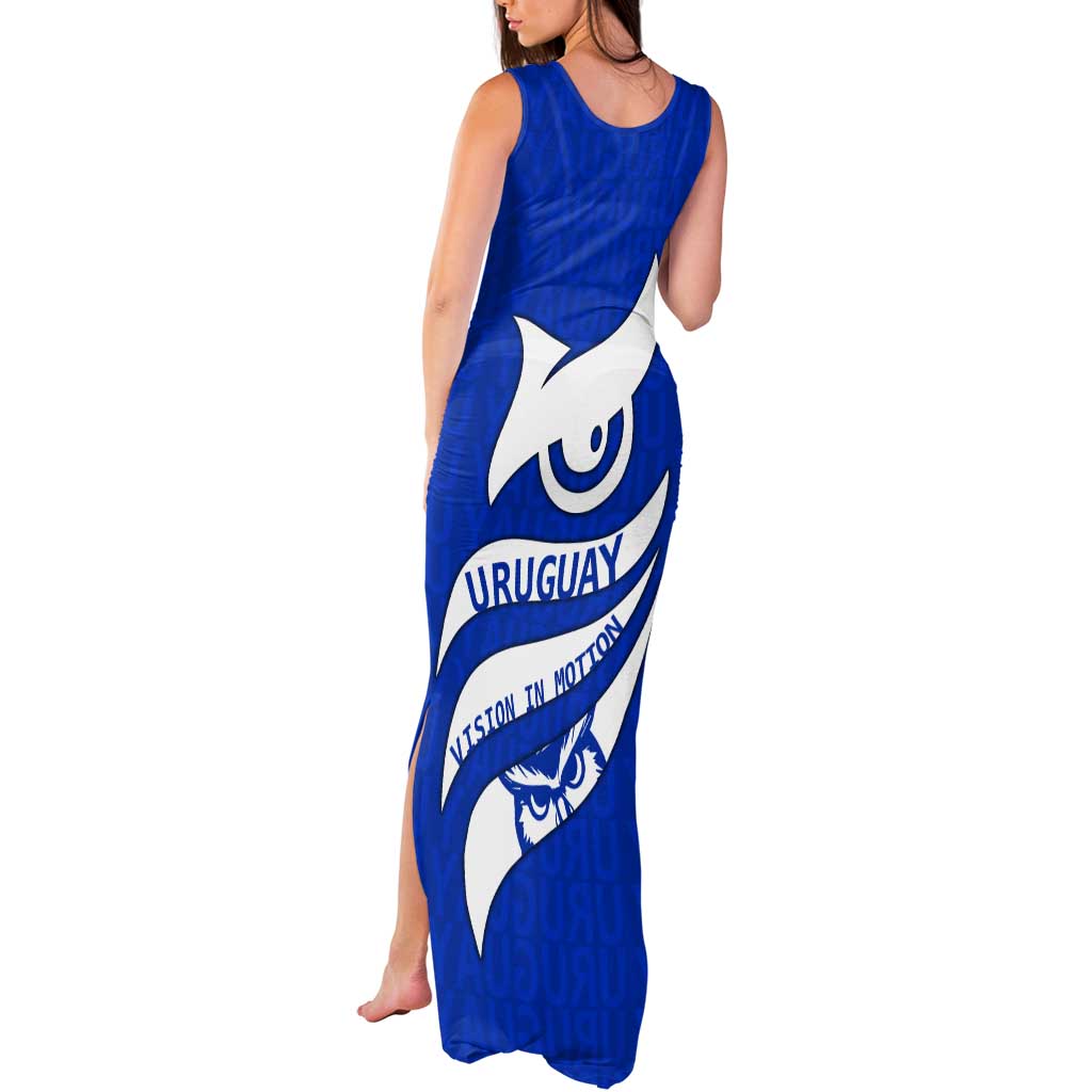 Uruguay Tank Maxi Dress with Owl Illustration Blue White Abstract Motion Design - Wonder Print Shop