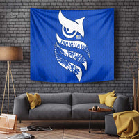 Uruguay Tapestry with Owl Illustration Blue White Abstract Motion Design - Wonder Print Shop