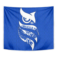 Uruguay Tapestry with Owl Illustration Blue White Abstract Motion Design - Wonder Print Shop